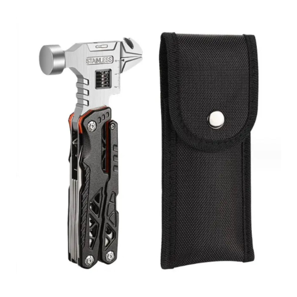 Ciocan multifunctional 19 in 1 de otel, Suport de surubelnita, Inox, Cheie reglabila, Cleste, Deschizator de conserve, Compact, Portabil, Taietor de sarma, 8,5 x 17cm, Negru
