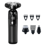 Aparat de ras profesional, multifunctional 4 in 1, 4 capete interschimbabile, 3 piepteni, lame duble, capete flotante, display LED incarcare Type-C, incarcare rapida, 800 mAh, 8W, prindere magnetica, rezistent la apa, usor de curatat, mediu uscat si umed, accesorii incluse, Negru