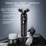Aparat de ras profesional, multifunctional 4 in 1, 4 capete interschimbabile, 3 piepteni, lame duble, capete flotante, display LED incarcare Type-C, incarcare rapida, 800 mAh, 8W, prindere magnetica, rezistent la apa, usor de curatat, mediu uscat si umed, accesorii incluse, Negru
