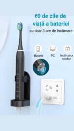 Periuta de dinti electrica Sonic, pentru adulti, copii, 5 Moduri de periaj, 801 mAh, 40.000 Pulsatii/min, Smart Timer, IPX7(impermeabil), 8 capete Soft, Functie de memorare, Husa transport, Negru. - imagine 3